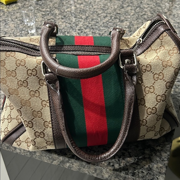 Gucci Handbags - Gucci Beige and Brown Satchel with Red and Green Stripe